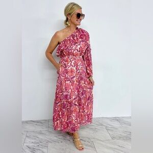 Periwinkle Collection Pink and Gold Glitter Floral One-Shoulder Dress